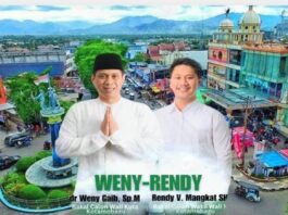 Calon Wali Kota Kotamobagu Wenny Gaib (kiri) dan calon Wakil Wali Kota Kotamobagu Rendy Virgiawan Mangkat, for Kota Kotamobagu 2024. (foto.pixalab/editing timurexpress.co)