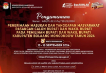 KPU Bolmong Terima Tanggapan Masyarakat Terkait Pilkada 2024 Flyer pengumuman KPU Bolmong terkait masukan dan tanggapan masyarakat soal Calon Bupati dan Wakil Bupati pada Pilkada 2024. (foto.Ist/KPU Bolmong)