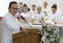 Wali Kota Kotamobagu Weny Gaib saat hadiri Rakor yang dipimpin langsung Wamendagri Bima Arya Sugiarto, di ruang Mapalus Kantor Gubernur Sulawesi Utara, Manado, Rabu 12 Maret 2025. (foto.Ist/timurexpress.co)