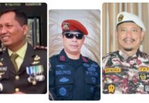 Dandim 1303 BM Letkol Inf. Manase Lomo, S.H (kiri) Kapolres Boltim AKBP Golfried Hasiholan Pakpahan, S.I.K (tengah) Ketua PC 2216 KB FKPPI Hendra Abarang, S.Hut (kanan)