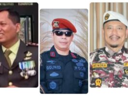 Dandim 1303 BM Letkol Inf. Manase Lomo, S.H (kiri) Kapolres Boltim AKBP Golfried Hasiholan Pakpahan, S.I.K (tengah) Ketua PC 2216 KB FKPPI Hendra Abarang, S.Hut (kanan)